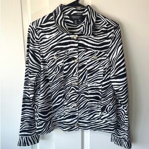 Jones New York Jacket Zebra Print Linen Blend Button Front‎ Art to Wear Womens M